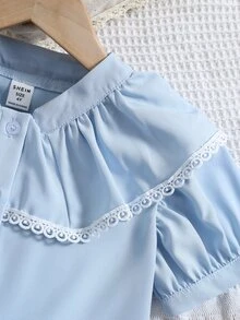 SHEIN 小女童蕾絲拼接荷葉邊泡泡袖襯衫 - 淺藍色 - 查看 6