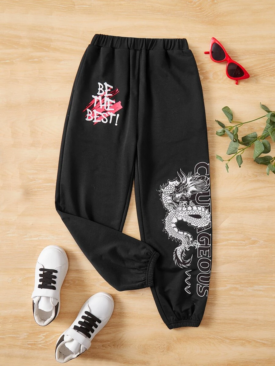 SHEIN Girls Slogan & Dragon Graphic Joggers - Black - View 1