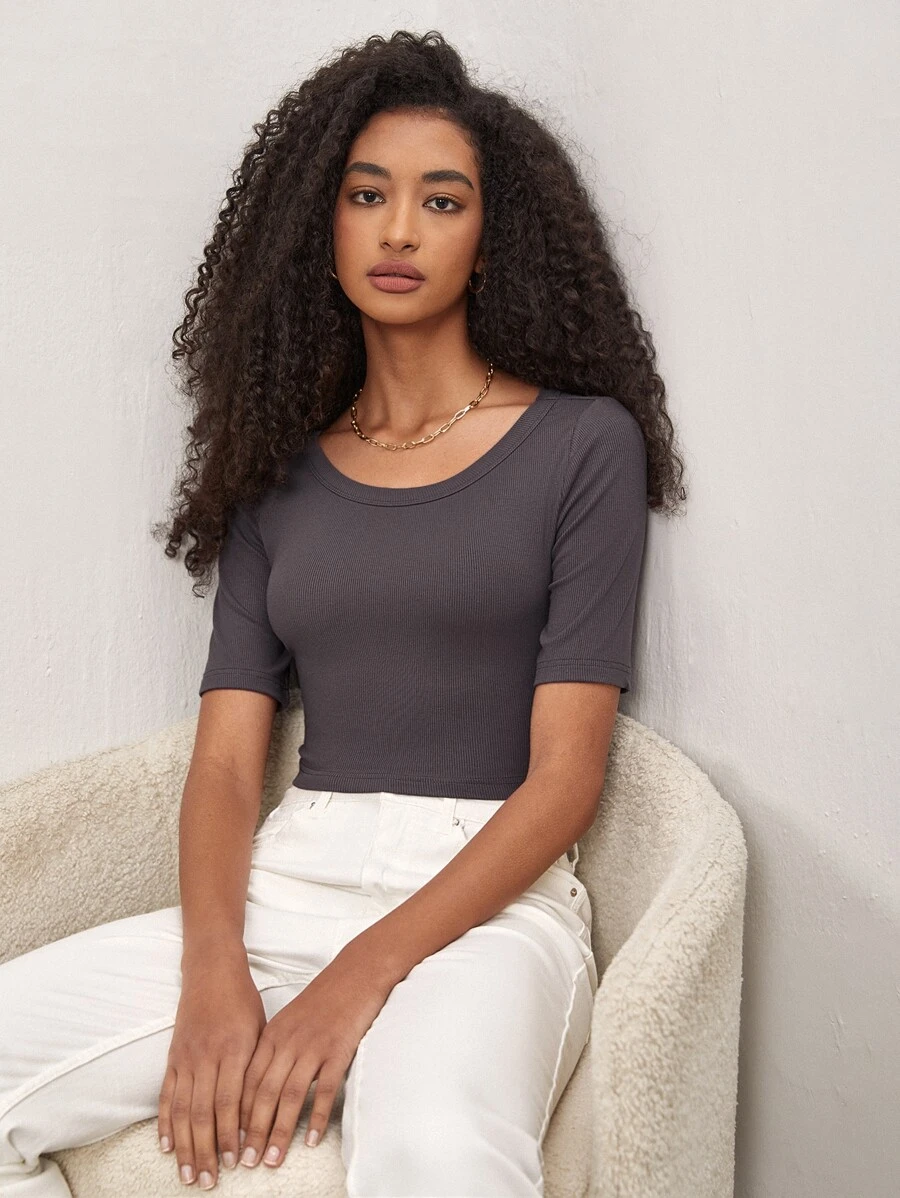 SHEIN BASICS Solid Scoop Neck Ribbed Knit Tee - Dark Grey - View 1