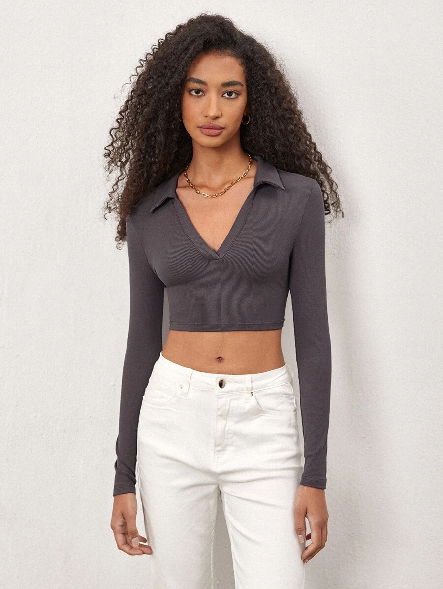 SHEIN BASICS Solid V-Collar Crop Tee - Dark Grey - View 1
