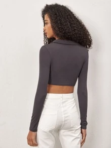 SHEIN BASICS Solid V-Collar Crop Tee - Dark Grey - View 2