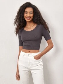 SHEIN BASICS Solid Scoop Neck Ribbed Knit Tee - Dark Grey - View 3