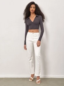 SHEIN BASICS Solid V-Collar Crop Tee - Dark Grey - View 3