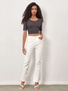 SHEIN BASICS Solid Scoop Neck Ribbed Knit Tee - Dark Grey - View 4