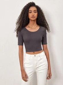 SHEIN BASICS Solid Scoop Neck Ribbed Knit Tee - Dark Grey - View 5