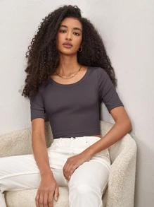 SHEIN BASICS Solid Scoop Neck Ribbed Knit Tee - Dark Grey - View 6