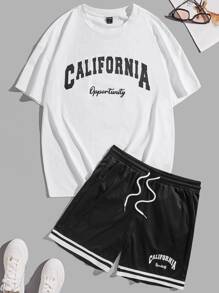 Manfinity Men Letter Graphic Tee & Drawstring Waist Shorts - Black and White - View 1