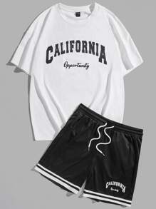 Manfinity Men Letter Graphic Tee & Drawstring Waist Shorts - Black and White - View 5