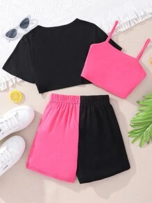 Tween Girl Crop Tee & Cami Top & Letter & Expression Print Shorts - Multicolor - View 2