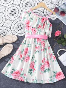 Girls Floral Print Asymmetrical Neck Ruffle Trim Dress - Beige - View 2