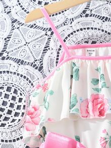 Girls Floral Print Asymmetrical Neck Ruffle Trim Dress - Beige - View 3