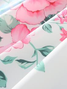 Girls Floral Print Asymmetrical Neck Ruffle Trim Dress - Beige - View 4