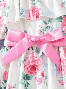 Girls Floral Print Asymmetrical Neck Ruffle Trim Dress - Beige - View 5