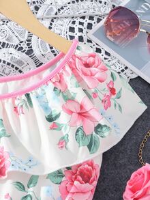 Girls Floral Print Asymmetrical Neck Ruffle Trim Dress - Beige - View 6