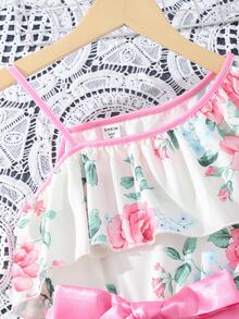 Girls Floral Print Asymmetrical Neck Ruffle Trim Dress - Beige - View 7