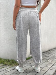 SHEIN LUNE 大尺碼高腰慢跑褲 - 灰色 - 查看 2