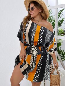 SHEIN LUNE 大碼條紋圖案和波點圖案繫腰帶連衣裙 - 彩色 - 查看 1