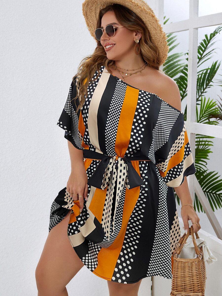 SHEIN LUNE 大碼條紋圖案和波點圖案繫腰帶連衣裙 - 彩色 - 查看 1