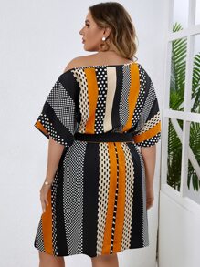 SHEIN LUNE 大碼條紋圖案和波點圖案繫腰帶連衣裙 - 彩色 - 查看 2