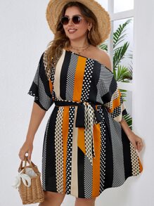 SHEIN LUNE 大碼條紋圖案和波點圖案繫腰帶連衣裙 - 彩色 - 查看 3