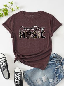 SHEIN LUNE Camiseta de leopardo & con estampado de letra - Granate - Ver 1