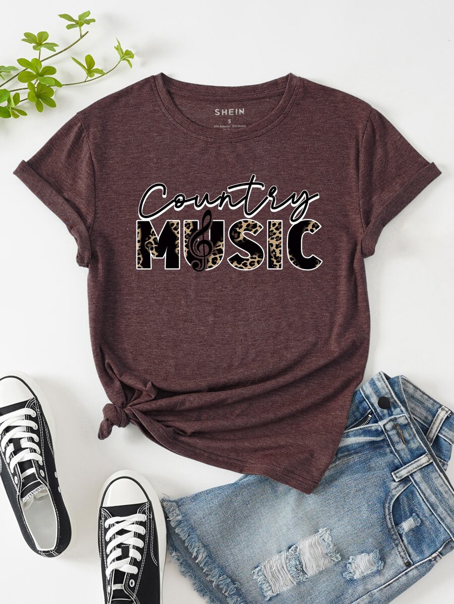 SHEIN LUNE Camiseta de leopardo & con estampado de letra - Granate - Ver 1