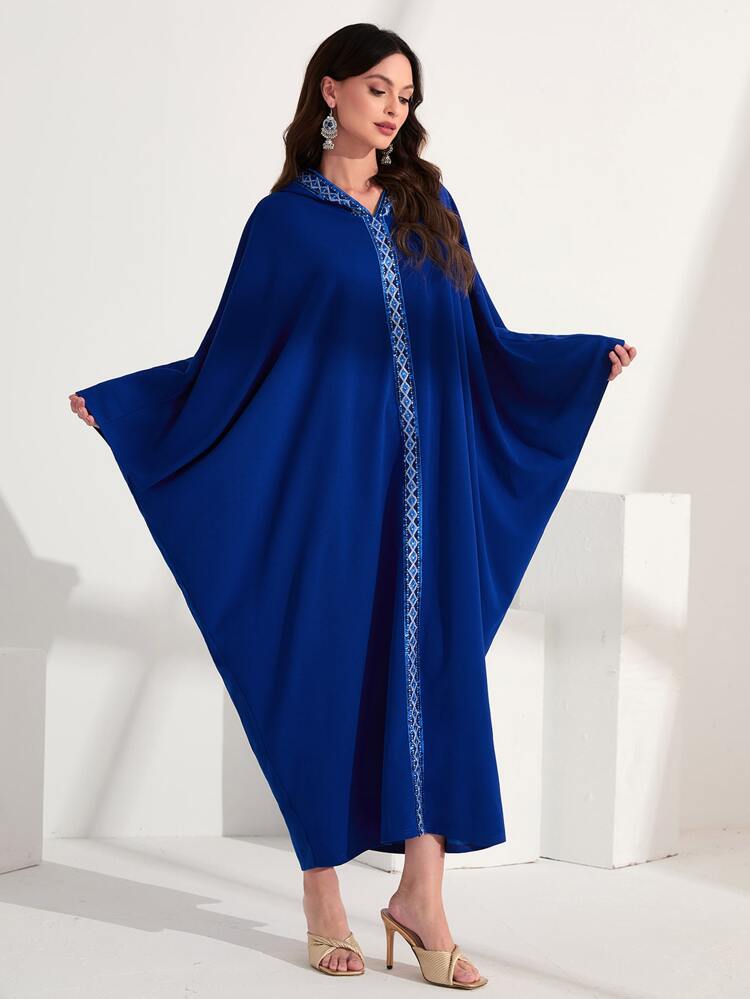Contrast Trim Batwing Sleeve Hooded Kaftan Dress, Modest