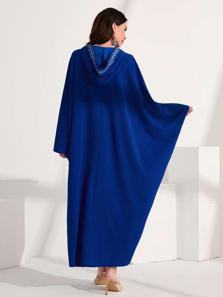 Contrast Trim Batwing Sleeve Hooded Kaftan Dress, Modest