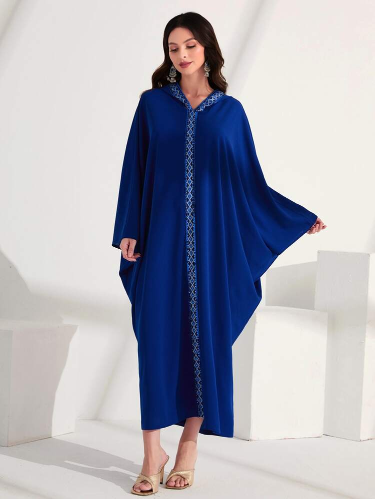Contrast Trim Batwing Sleeve Hooded Kaftan Dress, Modest