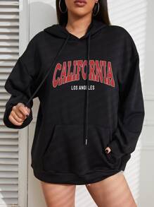 SHEIN EZwear Letter Graphic Kangaroo Pocket Thermal Lined Drawstring Hoodie - Black - View 3