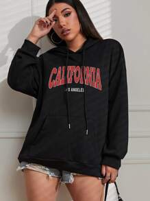 SHEIN EZwear Letter Graphic Kangaroo Pocket Thermal Lined Drawstring Hoodie - Black - View 4