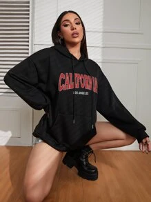 SHEIN EZwear Letter Graphic Kangaroo Pocket Thermal Lined Drawstring Hoodie - Black - View 5