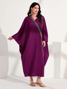 Al Najma Contrast Geo Tape Batwing Sleeve Dress Kaftan Jalabiya Dress - Purple - View 1