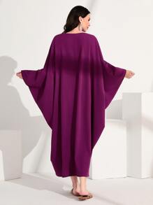 Al Najma Contrast Geo Tape Batwing Sleeve Dress Kaftan Jalabiya Dress - Purple - View 2