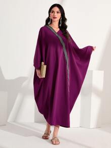 Al Najma Contrast Geo Tape Batwing Sleeve Dress Kaftan Jalabiya Dress - Purple - View 3