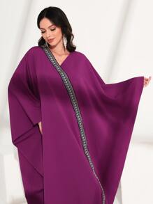 Al Najma Contrast Geo Tape Batwing Sleeve Dress Kaftan Jalabiya Dress - Purple - View 4