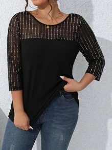 SHEIN LUNE Plus Contrast Mesh Yoke Striped Tee Graphic Tees Women Tops - Black - View 1