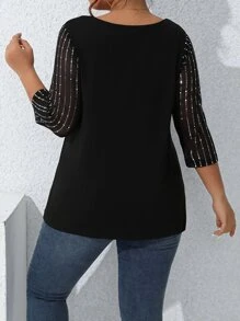 SHEIN LUNE Plus Contrast Mesh Yoke Striped Tee Graphic Tees Women Tops - Black - View 2