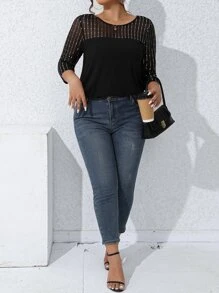 SHEIN LUNE Plus Contrast Mesh Yoke Striped Tee Graphic Tees Women Tops - Black - View 3