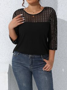 SHEIN LUNE Plus Contrast Mesh Yoke Striped Tee Graphic Tees Women Tops - Black - View 5