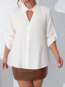 SHEIN LUNE Plus Roll Tab Sleeve Shirt - White - View 3