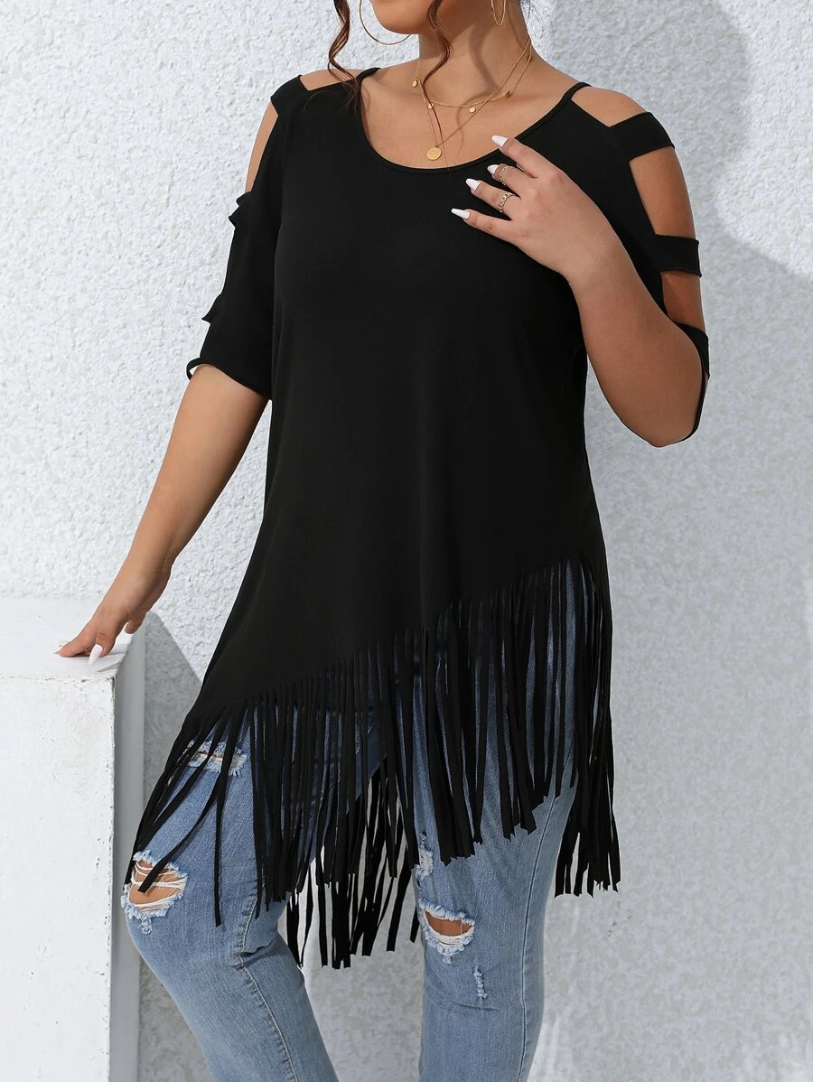 SHEIN LUNE Plus Cold Shoulder Fringe Hem Tee - Black - View 1
