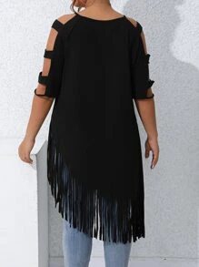 SHEIN LUNE Plus Cold Shoulder Fringe Hem Tee - Black - View 2