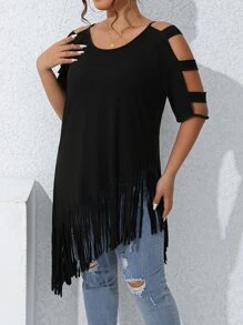 SHEIN LUNE Plus Cold Shoulder Fringe Hem Tee - Black - View 3