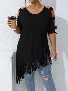 SHEIN LUNE Plus Cold Shoulder Fringe Hem Tee - Black - View 4