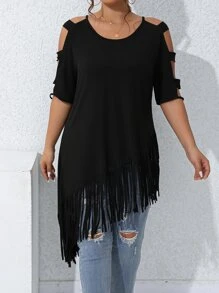 SHEIN LUNE Plus Cold Shoulder Fringe Hem Tee - Black - View 5