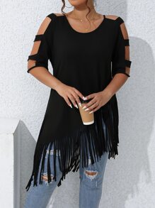 SHEIN LUNE Plus Cold Shoulder Fringe Hem Tee - Black - View 6