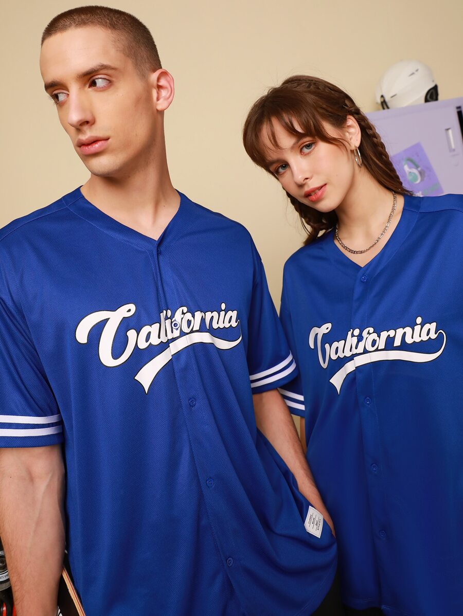 Manfinity 1pc Letter Graphic Contrast Trim Button Front Shirt - Royal Blue - View 1