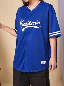 Manfinity 1pc Letter Graphic Contrast Trim Button Front Shirt - Royal Blue - View 4