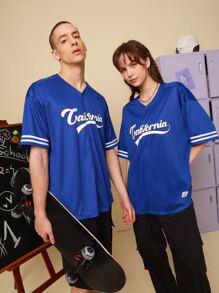 Manfinity 1pc Letter Graphic Contrast Trim Button Front Shirt - Royal Blue - View 5